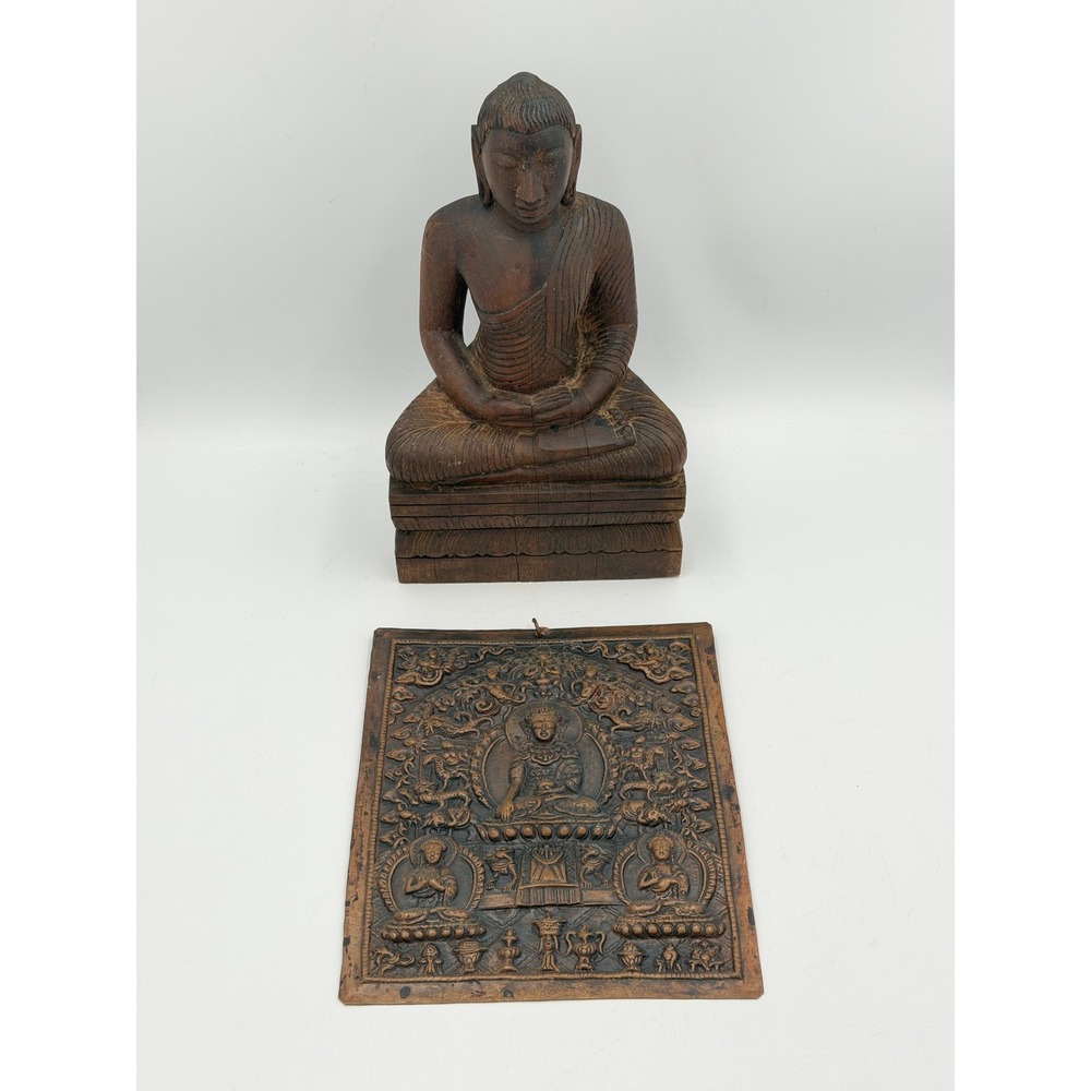 Vintage Carved Wood Buddha Statue & Embossed Metal Wall Plaque Buddhist Decor - Picture 10 of 15